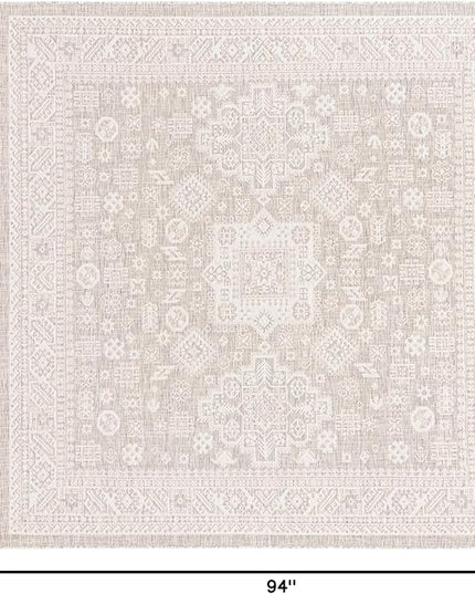 Rugs.com Outdoor Aztec Collection Rug – 8 Ft Square Light Gray Flatweave Rug Perfect for Living Rooms, Kitchens, Entryways