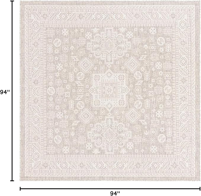 Rugs.com Outdoor Aztec Collection Rug – 8 Ft Square Light Gray Flatweave Rug Perfect for Living Rooms, Kitchens, Entryways
