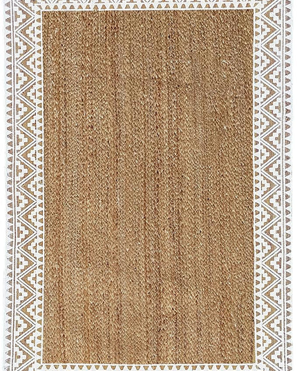 voyzz home 5X8 Feet-Rectangular, Premium Natural Jute Braided Area Rug, White Printed Border, Stain Resistance, Natural Brown, Handmade Rug for Entryways, Living Room, Dining Room, Bedroom, Farmhouse