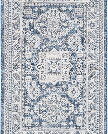 Rugs.com Outdoor Aztec Collection Rug – 3' x 5' Blue Flatweave Rug Perfect for Living Rooms, Large Dining Rooms, Open Floorplans