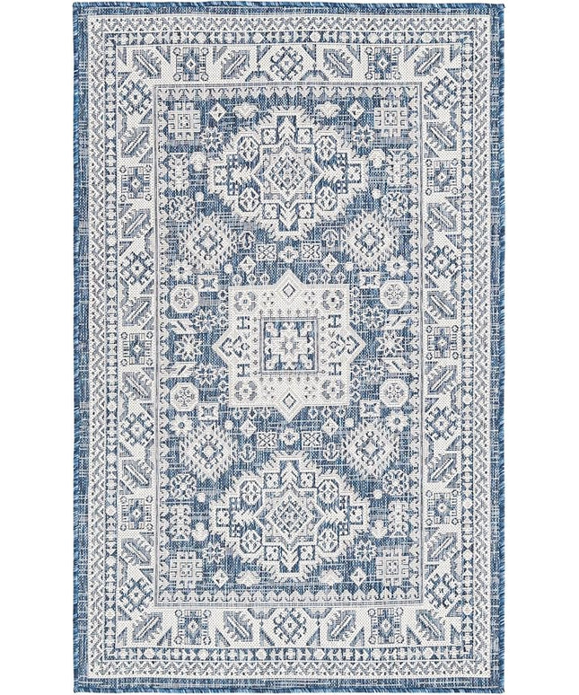 Rugs.com Outdoor Aztec Collection Rug – 3' x 5' Blue Flatweave Rug Perfect for Living Rooms, Large Dining Rooms, Open Floorplans