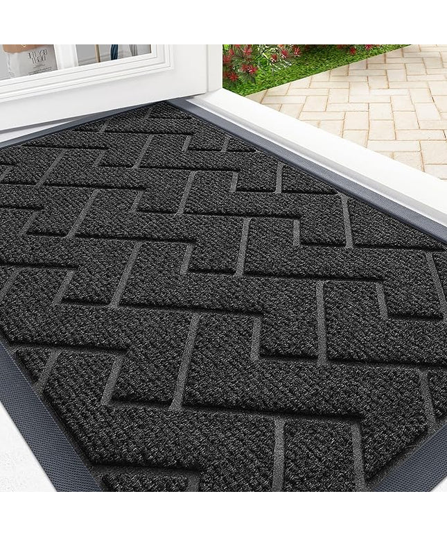 OLANLY Front Door Mat Indoor Outdoor Entrance, Waterproof All-Season, All-Weather Doormat, Sturdy Natural Rubber, Low Profile, Easy Clean Patio Porch Entryway Mat, Herringbone Brick (Black, 47x23)