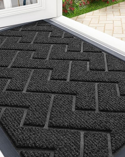 OLANLY Front Door Mat Indoor Outdoor Entrance, Waterproof All-Season, All-Weather Doormat, Sturdy Natural Rubber, Low Profile, Easy Clean Patio Porch Entryway Mat, Herringbone Brick (Black, 59x23)
