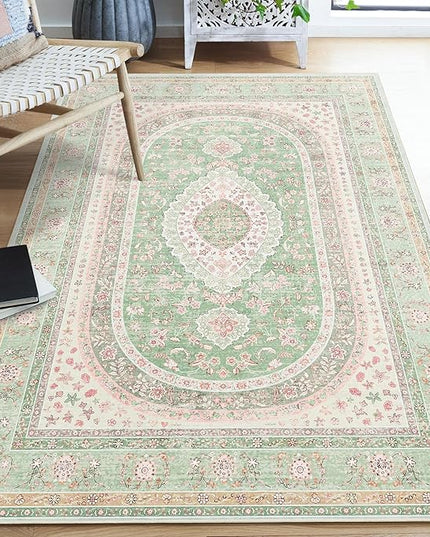 Green Rug 4x6.5,Washable Area Rugs for Bedroom Living Room Kitchen Entryway,Small Boho Vintage Bohemian Distressed Oriental Non Slip Carpet,Sage Blush Floral