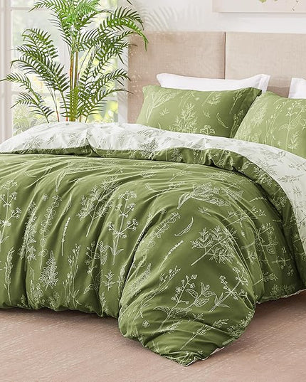Love's cabin Olive Green Full Comforter Set - Full Size Comforter Set, 3 Pieces Cute Floral Bedding Sets for All Seasons,1 Soft Reversible Botanical Flowers Comforter and 2 Pillow Shams