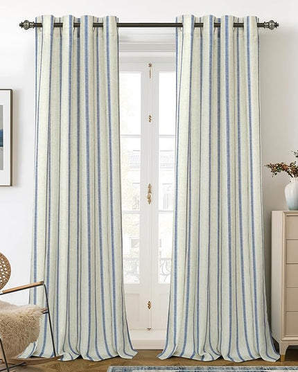 DriftAway Farmhouse Linen Blend Blackout Curtains 120 Inches Long for Bedroom Vertical Striped Printed Linen Curtains Thermal Insulated Lined Treatments for Living Room 2 Panels W52 x L120 Navy