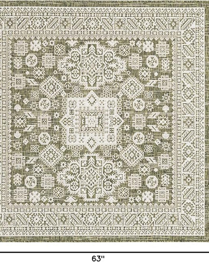 Rugs.com Outdoor Aztec Collection Rug – 5 Ft Square Green Flatweave Rug Perfect for Living Rooms, Kitchens, Entryways