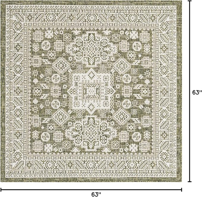 Rugs.com Outdoor Aztec Collection Rug – 5 Ft Square Green Flatweave Rug Perfect for Living Rooms, Kitchens, Entryways