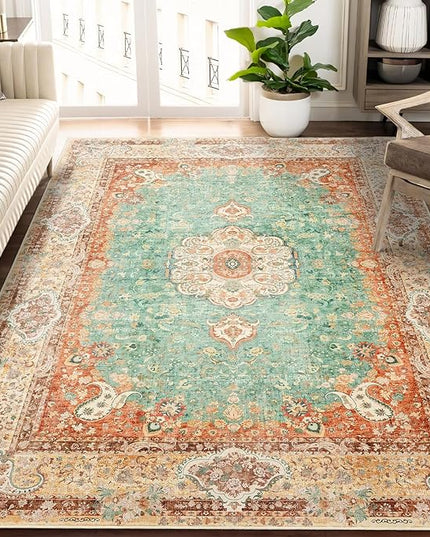 5x7 Area Rugs Washable,Boho Rug for Living Room Bedroom Kitchen,Large Vintage Bohemian Distressed Farmhouse Carpet Non Slip,Retro Orange Green Floral
