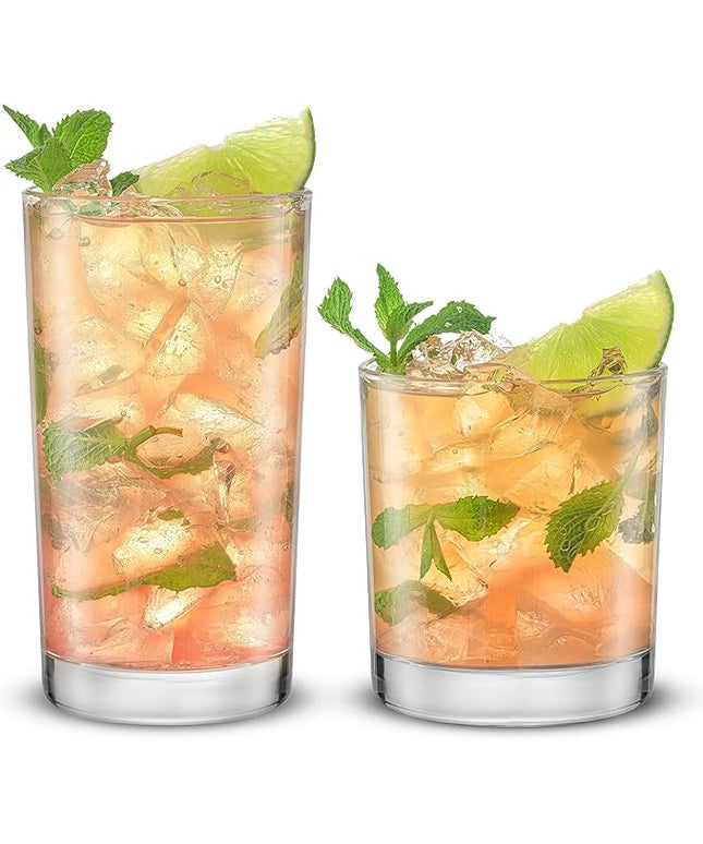 JoyJolt Alain Drinking Glasses Set of 8 Glass Tumblers. Highball 14oz Bar Glasses and Lowball 10oz Rocks Glasses Set. Cocktail, Juice, Whiskey Glasses or Water Glasses. Kitchen or Bar Glassware Set