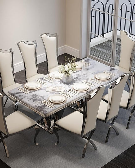 78" Dining Table, Glam Dining Room Table with Metal Mirrored Pedestal, Silver and Grey Kitchen Table for 4-8