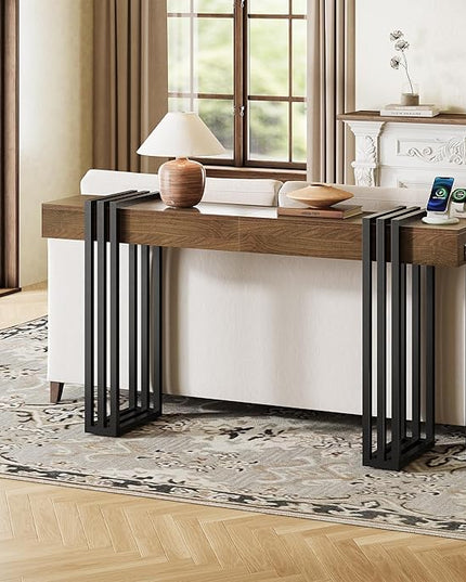 63" Long Console Table for Entryway - Behind Couch Table for Living Room, Wood Sofa Tables with Black Parallel Metal Frame & Power Outlet for Hallway, Entrance, Narrow Foyer, Walnut