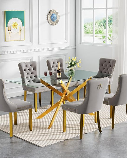 HomVent 7 Piece Rectangular Glass Dining Table Set, Tempered Glass Dinner Table Set for 6 Kitchen Table Set with 6 Velvet Upholstered Chairs for Kitchen Dining Room