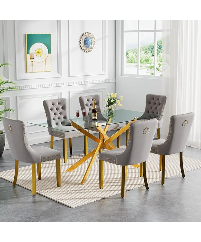 Modern 7-Piece Glass Dining Table Set for 6, Modern 60" Rectangle Gold Glass Dining Room Table Set with Light Grey Velvet Tufted Chairs Wood Legs for Kitchen Dining Room