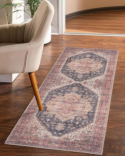 GLN Rugs Traditional Collection - Machine Washable Area Rug, Traditional Washable, Non Slip, Low Pile Chenille Rug, Living Room, Bedroom, Kitchen Rug (2'6"x7' Black/Terra)