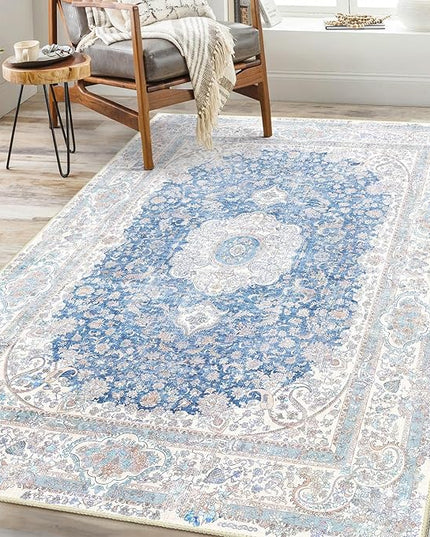 Blue Rug 3x5,Washable Area Rugs for Bedroom Living Room Kitchen Entryway,Small Boho Vintage Bohemian Distressed Non Slip Carpet,Floral