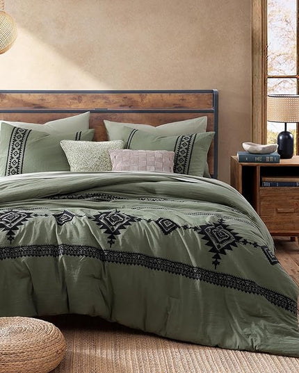 MaiRêve Embroidery Comforter Set, Boho Farmhouse Western Bedding Set, All Season Bed in A Bag Comforter Set with Sheets, Pillowcases & Shams, Olive Green Queen 7 Pieces