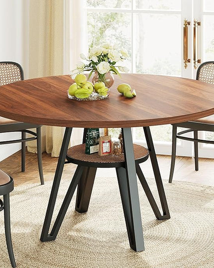 LIKIMIO Round Dining Table for 4, 47.2” Wooden Kitchen Table with Rattan Storage Shelf, Space-Saving for Modern Dining Room, Living Room, Walnut