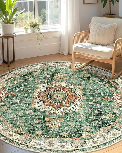 Green Round Rug 5ft, Circle Boho Area Rugs for Bedroom Living Room Bedside,Washable Vintage Bohemian Distressed Oriental Floral Carpet Non Slip,Retro Sage Floral
