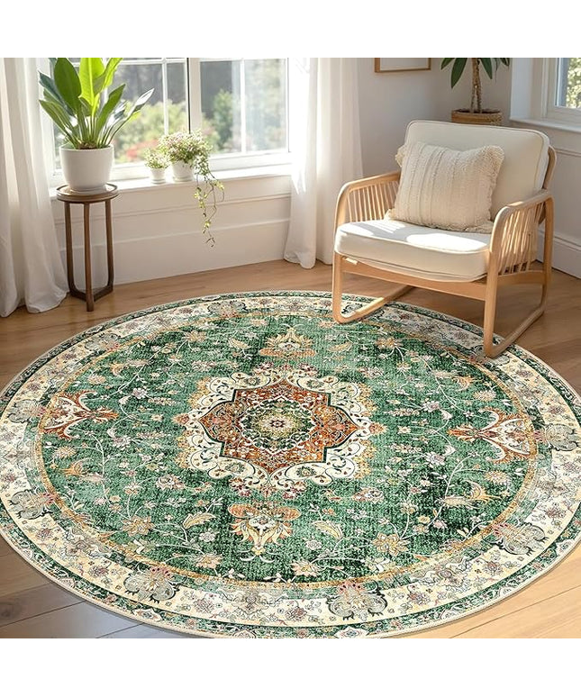 Green Round Rug 5ft, Circle Boho Area Rugs for Bedroom Living Room Bedside,Washable Vintage Bohemian Distressed Oriental Floral Carpet Non Slip,Retro Sage Floral