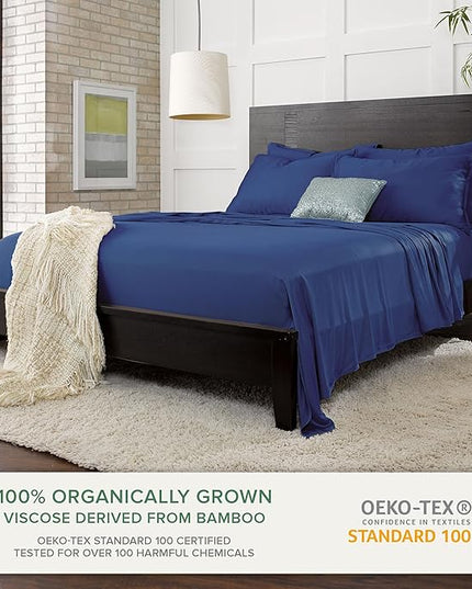 Pure Bamboo Split King Sheets, Genuine 100% Organic Viscose Derived from Bamboo Bed Sheet Set, Soft & Cooling, Double Stitching, 2 Fitted Sheets (Split King, Cobalt Blue)