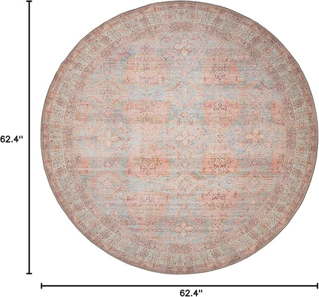GLN Rugs Traditional Collection - Machine Washable Area Rug, Traditional Washable, Non Slip, Low Pile Chenille Rug, Living Room, Bedroom, Kitchen Rug (5'3" Round Multicolor)