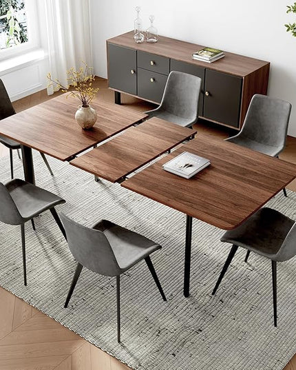 63"- 78.7" Extendable Dining Table Set for 6, Modern Kitchen Table with 6 PU Leather Chairs, Thickened Expandable MDF Wooden Table with Metal Legs for Dining Room, Kitchen, Living Room