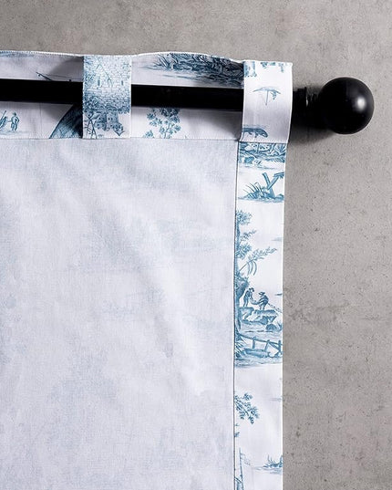 Maison d' Hermine Curtains for Living Room 100% Cotton 124 inch Length One Panel Light Filtering Toile Curtains for Bedroom with Rod and Loop Pockets (Calais Blue (White Background), 50" W x 124" L)