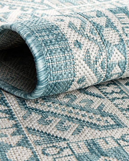 Rugs.com Outdoor Aztec Collection Rug – 5' x 8' Aqua Flatweave Rug Perfect for Living Rooms, Large Dining Rooms, Open Floorplans