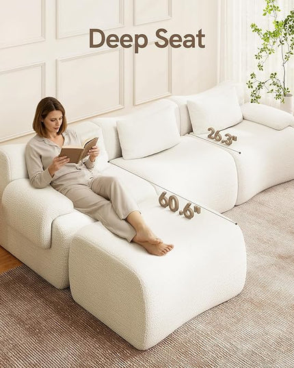 Boneless Couch White Modular Sectional Sofa for Living Room, 114'' L Shaped Compressed Couch in a Box with Ottoman, Modern Comfy 3 Seater Deep Foam Chenille No Assembly Couches for Bedroom