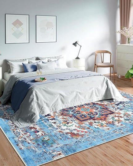 GLN Rugs Traditional Collection - Machine Washable Area Rug, Traditional Washable, Non Slip, Low Pile Chenille Rug, Living Room, Bedroom, Kitchen Rug (7'10"x10' Blue)