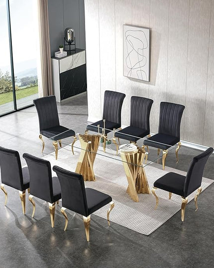 70" Glass Dining Table,Gold Dinner Room Glass Table for 6 8,Modern Kitchen Dinner Table with Stainless Steel Base and Clear Tempered Glass Top for Living Dining Room