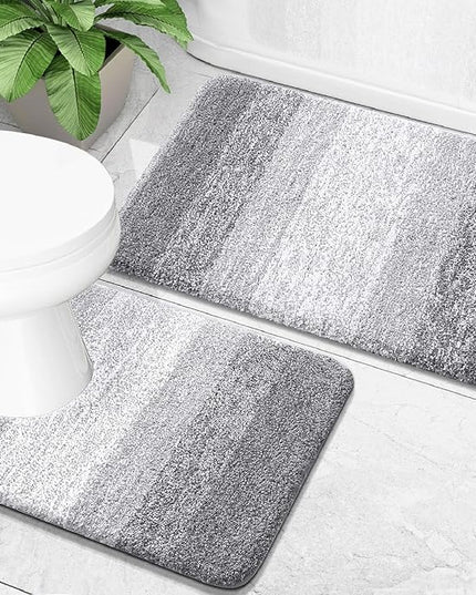 OLANLY Bathroom Rug Set 2 Piece, Soft Absorbent Microfiber Bath Mats and U-Shaped Contour Toilet Rug, Non-Slip, Machine Wash Dry, Plush Shaggy Bath Mats for Bathroom (24"x16"+24"x20", Light Grey)