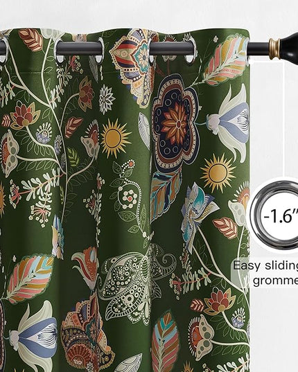 XiDi Green Floral Curtains 63 Inches Long 2 Panels Vintage Patterned Blackout Curtains for Bedroom Living Room Thermal Insulated Grommet Luxury Cottage Core Botanical Printed Drapes Moss Green 52x63
