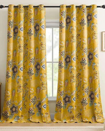 XiDi Vintage Floral Patterned Curtains Blackout 108 Inches Long 2 Panels for Bedroom Living Room Thermal Insulated Luxury Curtains Botanical Leaf Printed Design Grommet Drapes Mustard Yellow 52x108