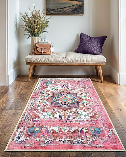 GLN Rugs Traditional Collection - Machine Washable Area Rug, Traditional Washable, Non Slip, Low Pile Chenille Rug, Living Room, Bedroom, Kitchen Rug (2'6"x6'6" Pink)
