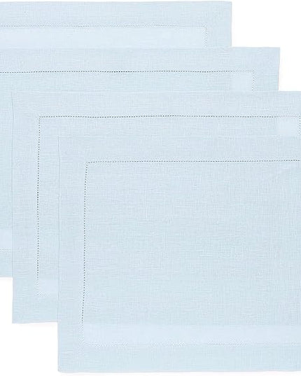 Solino Home Linen Placemats Set of 4 - Classic Hemstitch Light Blue Placemats 14 x 19 Inch - 100% Pure Linen Table Mats for Christmas, Winter, New Year