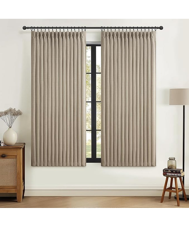 Black Out Curtains 63 Inch Long for Kitchen Windows 2 Panels, Cream Beige Double Layer Thick Linen Short Bohemian Pinch Pleated Curtain Thermal Energy Efficient Cafe Mini Burg 40"Wx63"L