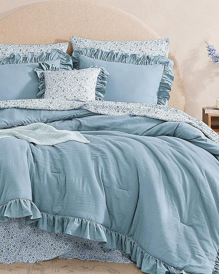 Full Comforter Set - 7 Pieces Ruffle Blue Bedding Sets, Shabby Chic Farmhouse Bed in a Bag Full with Ruffle Comforter, Floral Sheets, Pillowcases & Shams