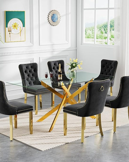 Rectangle Glass Dining Table Set for 6, 60'' Kitchen Table and Chairs Set, 7PCS Modern Dining Room Table Set with 6 Velvet Dining Chair for Home