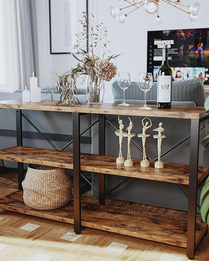 IRONCK Rustic Entryway Console Table, Long Hallway Table 55 in 3-Tier, TV Stand Entertainment Center Media Stand for Living Room, Industrial Style, Vintage Brown