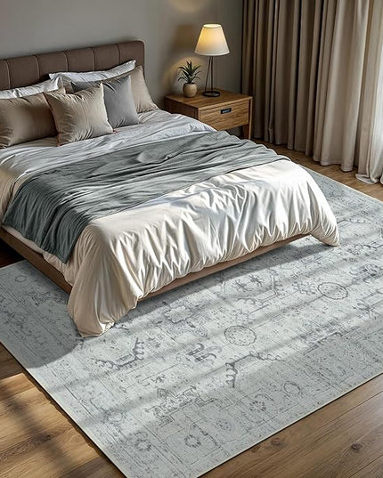 GLN Rugs Bohemian Collection - Machine Washable Area Rug, Bohemian Vintage, Non Slip, Low Pile Chenille Rug, Living Room, Bedroom, Bathroom Rug (9'x12' Beige and Gray)