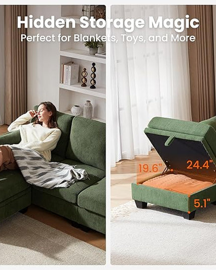 CHIC HOUSE Corduroy Modular Sectional Couch with Ottoman Chaise, L/U Shaped Sleeper Sofa for Living Room, Apartment, Lounge, Modern Armrest Neck Support Furniture (6 Seater Compact Sleeper, Green)