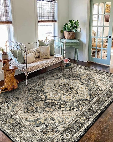 Washable Oriental Area Rug - 5x8 Rugs for Living Room Soft Carpet for Bedroom Waterproof Floral Distressed Indoor Stain Resistant Non-Shedding Floor Carpets (Black/Grey, 5x8)