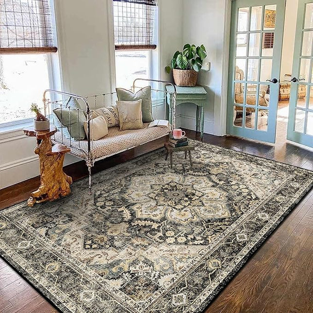Washable Oriental Area Rug - 5x8 Rugs for Living Room Soft Carpet for Bedroom Waterproof Floral Distressed Indoor Stain Resistant Non-Shedding Floor Carpets (Black/Grey, 5x8)