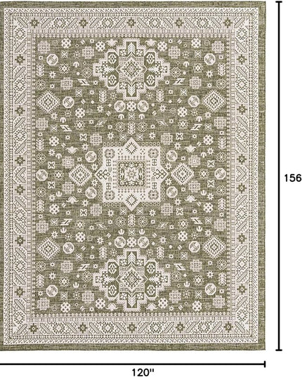 Rugs.com Outdoor Aztec Collection Rug – 10' x 13' Green Flatweave Rug Perfect for Living Rooms, Large Dining Rooms, Open Floorplans