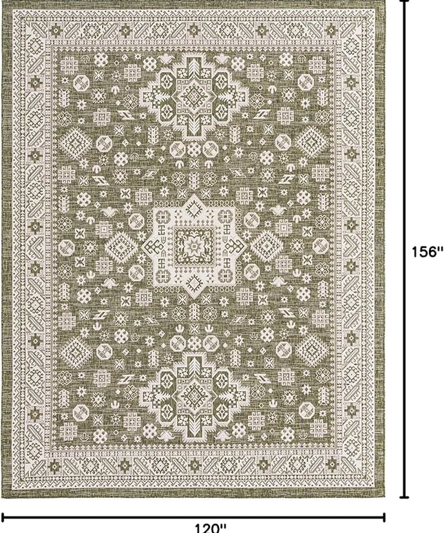 Rugs.com Outdoor Aztec Collection Rug – 10' x 13' Green Flatweave Rug Perfect for Living Rooms, Large Dining Rooms, Open Floorplans