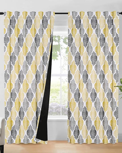 Beauoop 100% Blackout Curtains 84 Inches Long 2 Panels for Bedroom Living Room Yellow Grey Moroccan Geo Room Darkening Thermal Insulated Soundproof Rod Pocket Back Tab Window Treatments Drapes, 50x84