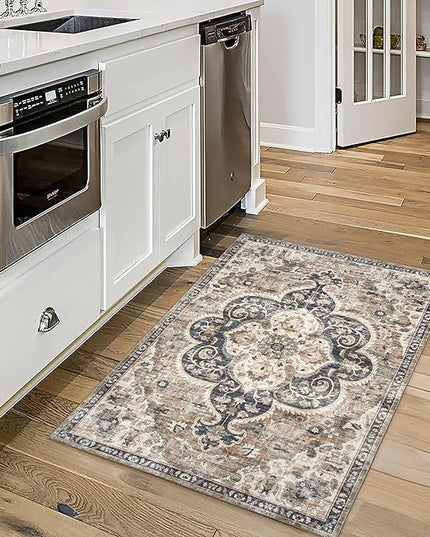 ReaLife Rugs Machine Washable Area Rug - Living Room Bedroom Bathroom Kitchen Entryway Office - Padded Crease Free Stain Resistant Premium - Boho Farmhouse Vintage- Joy - Brown Tan - 2'x 3'