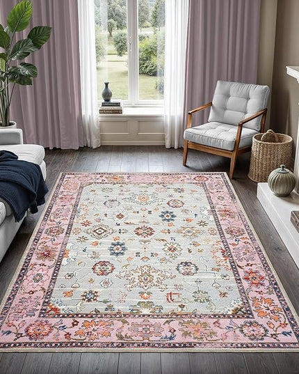 GLN Rugs Traditional Collection - Machine Washable Area Rug, Traditional Washable, Non Slip, Low Pile Chenille Rug, Living Room, Bedroom, Kitchen Rug (5'3"x7'5" Pink and Gray)